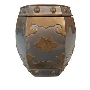 Vintage Hong Kong Pewter & Brass Tea Caddy Tobacco Jar Bat Lotus 1930s 4"